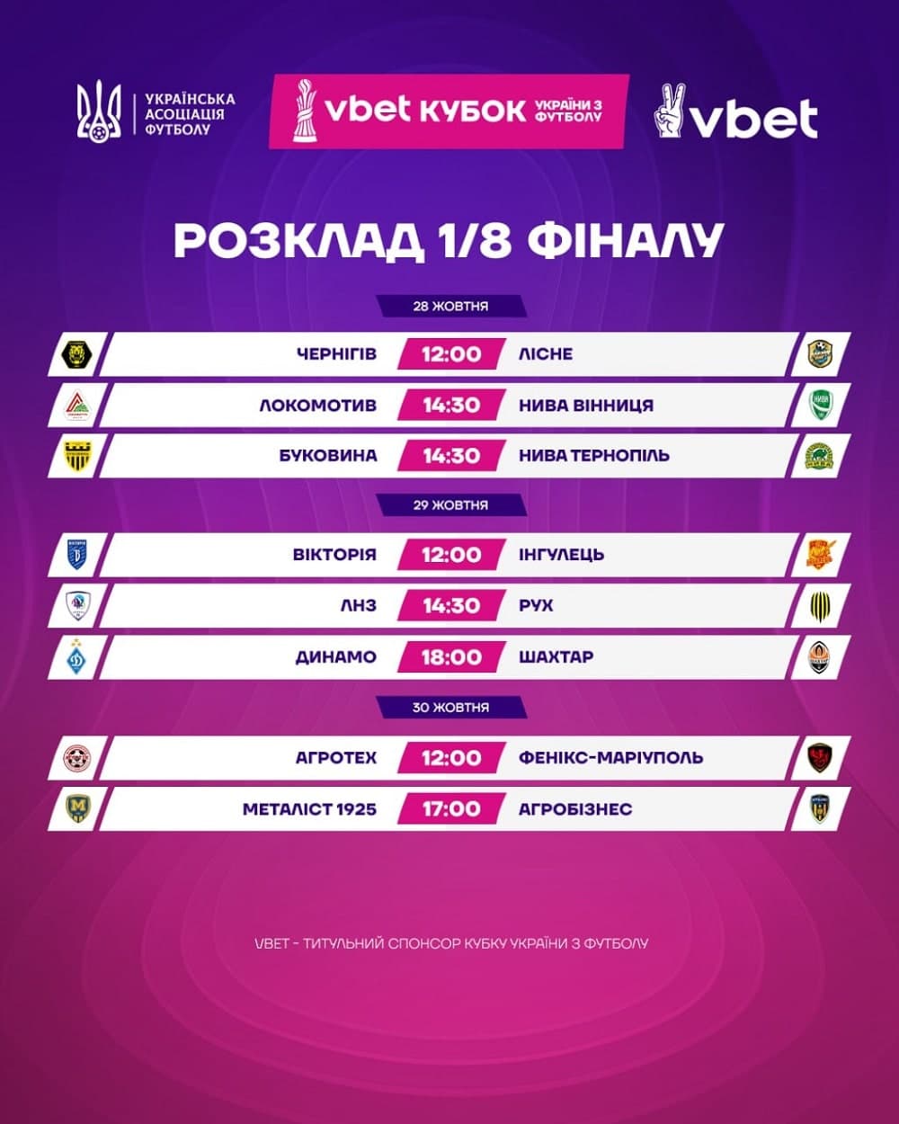 Vbet Кубок України-2025/2026: розклад матчів 1/8 фіналу