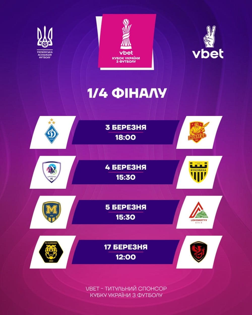 Vbet Кубок України-2025/2026: розклад матчів 1/4 фіналу